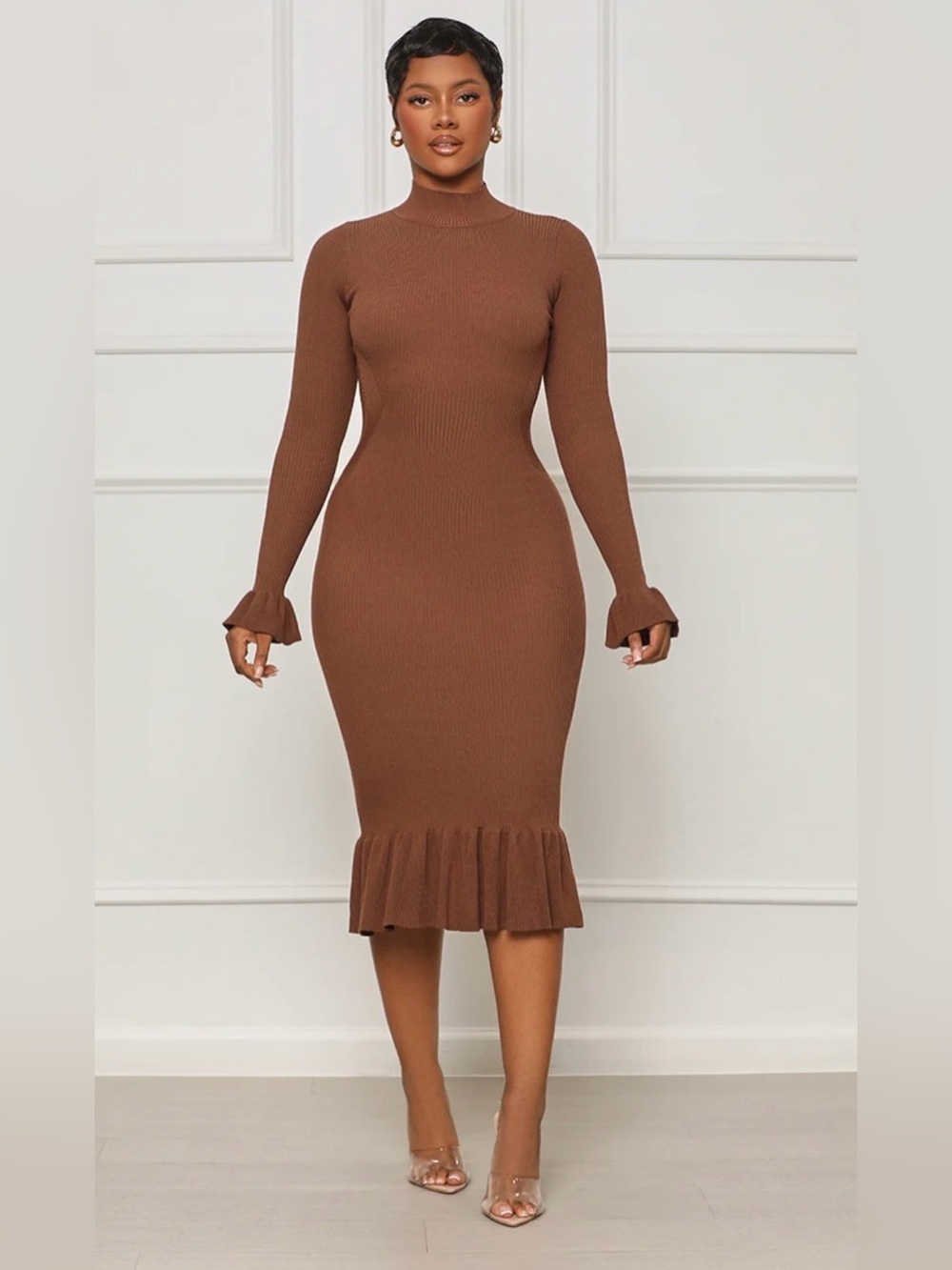 Mock Neck Brown Ribbed Midi Dress with Ruffle Hem